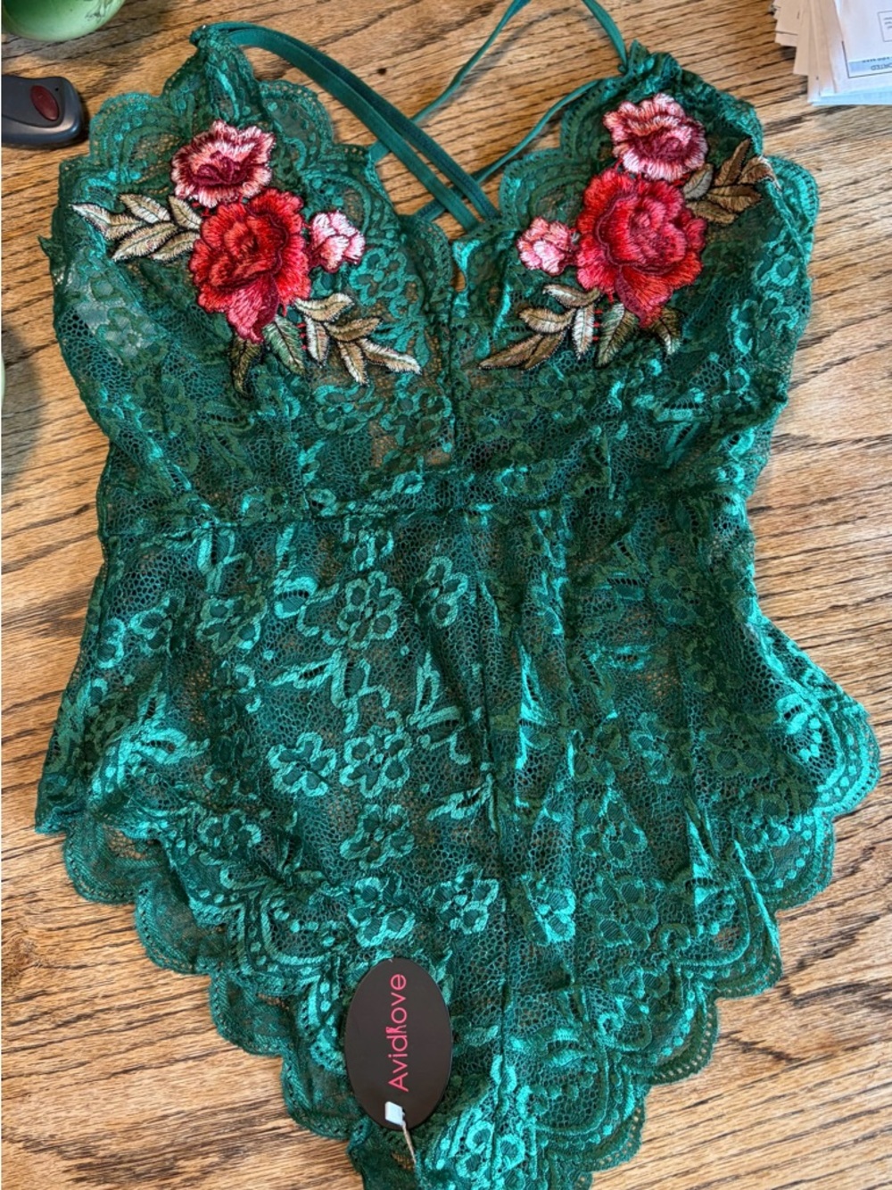 Avidlove Emerald Green Lace Chemise with Red Rose Embroidery